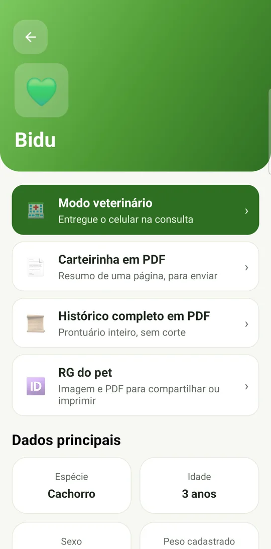 Tela da carteirinha do pet com PDF e histórico completo