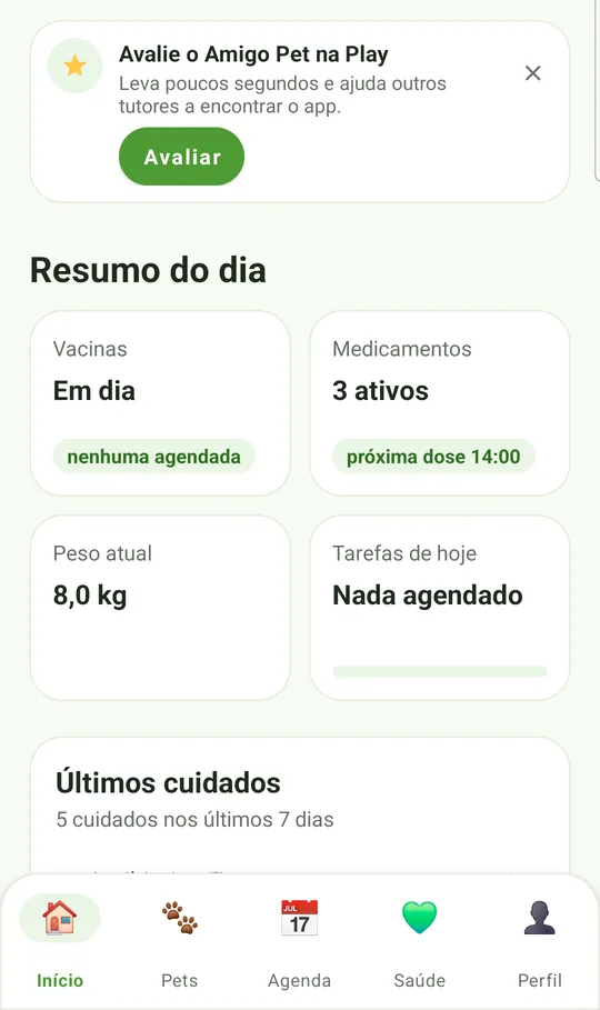 Resumo do dia com vacinas, medicamentos, peso e tarefas
