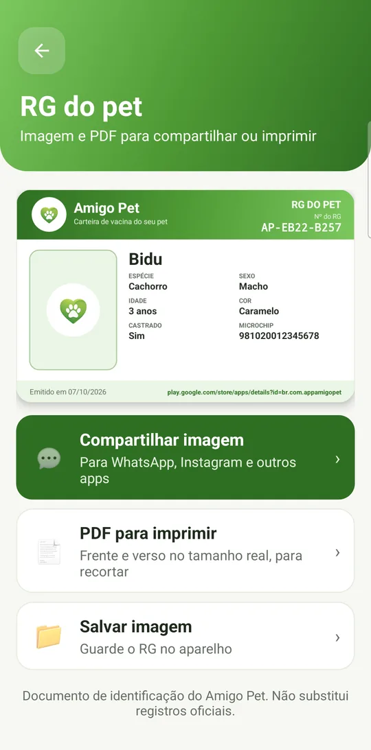 RG do pet com espécie, idade, sexo, cor e microchip